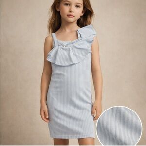 Girls Light Blue Ribbed Ruffle Dress | Size 10–12 Years (Girls M)